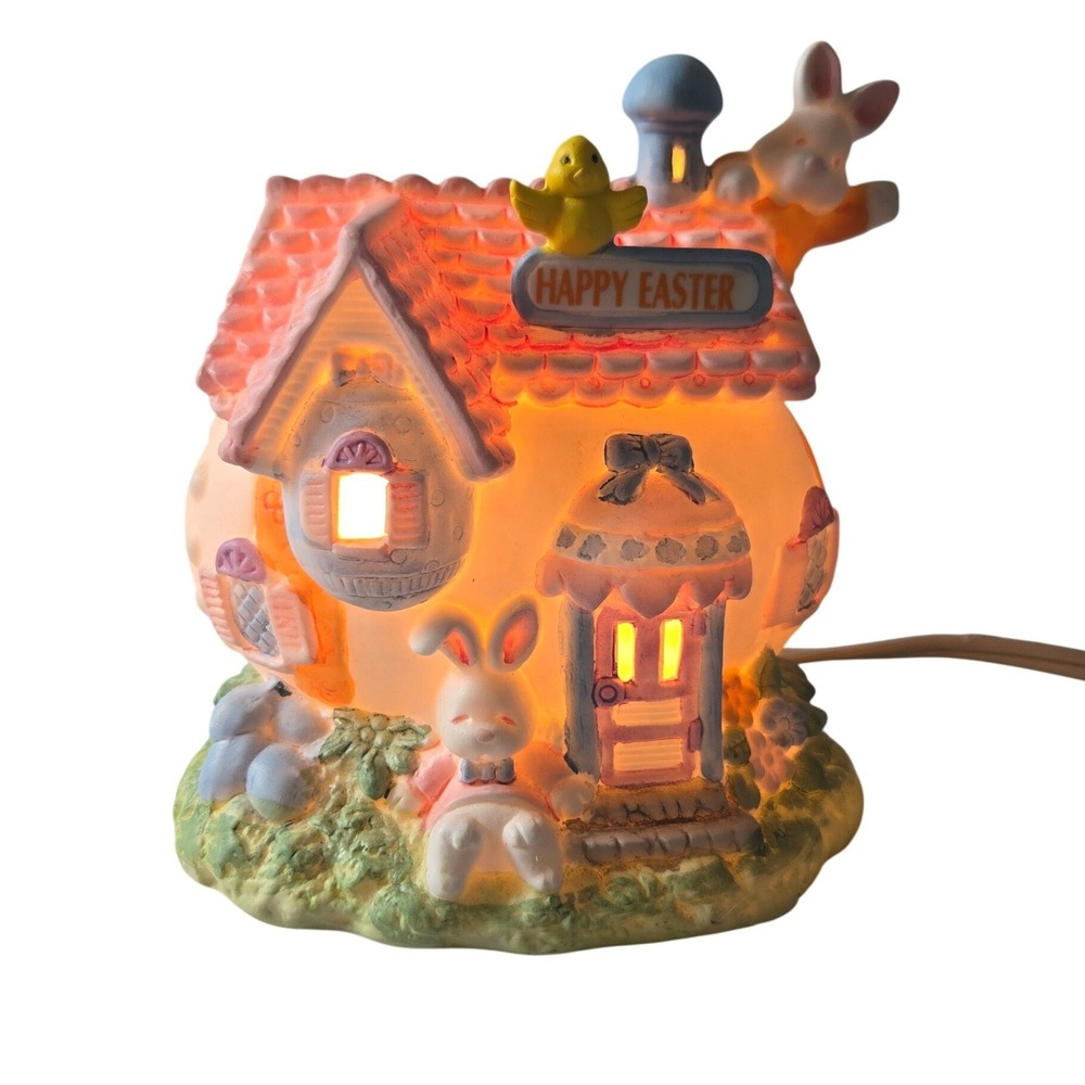 Vintage Porcelain Easter Bunny Light Up Village Egg House School 5"
